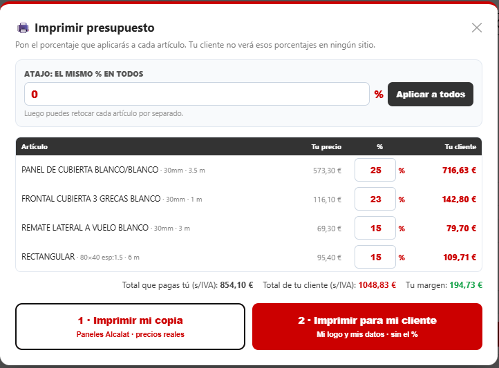 Ventana Imprimir presupuesto con los % por artículo